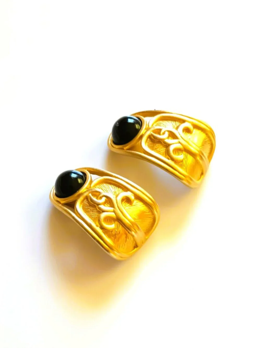 Vintage Gold Tone Etched Earrings Large Black Cabochon Clip Ons